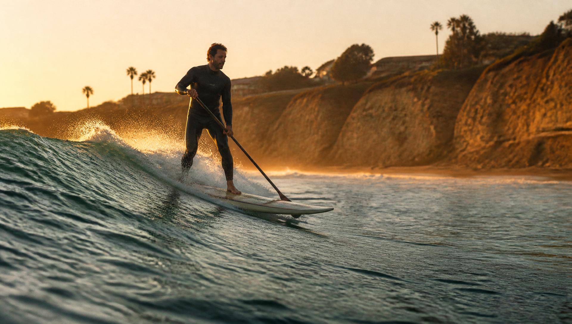 A stand up paddle surfer riding a small clean wave at sunset in North San Diego County