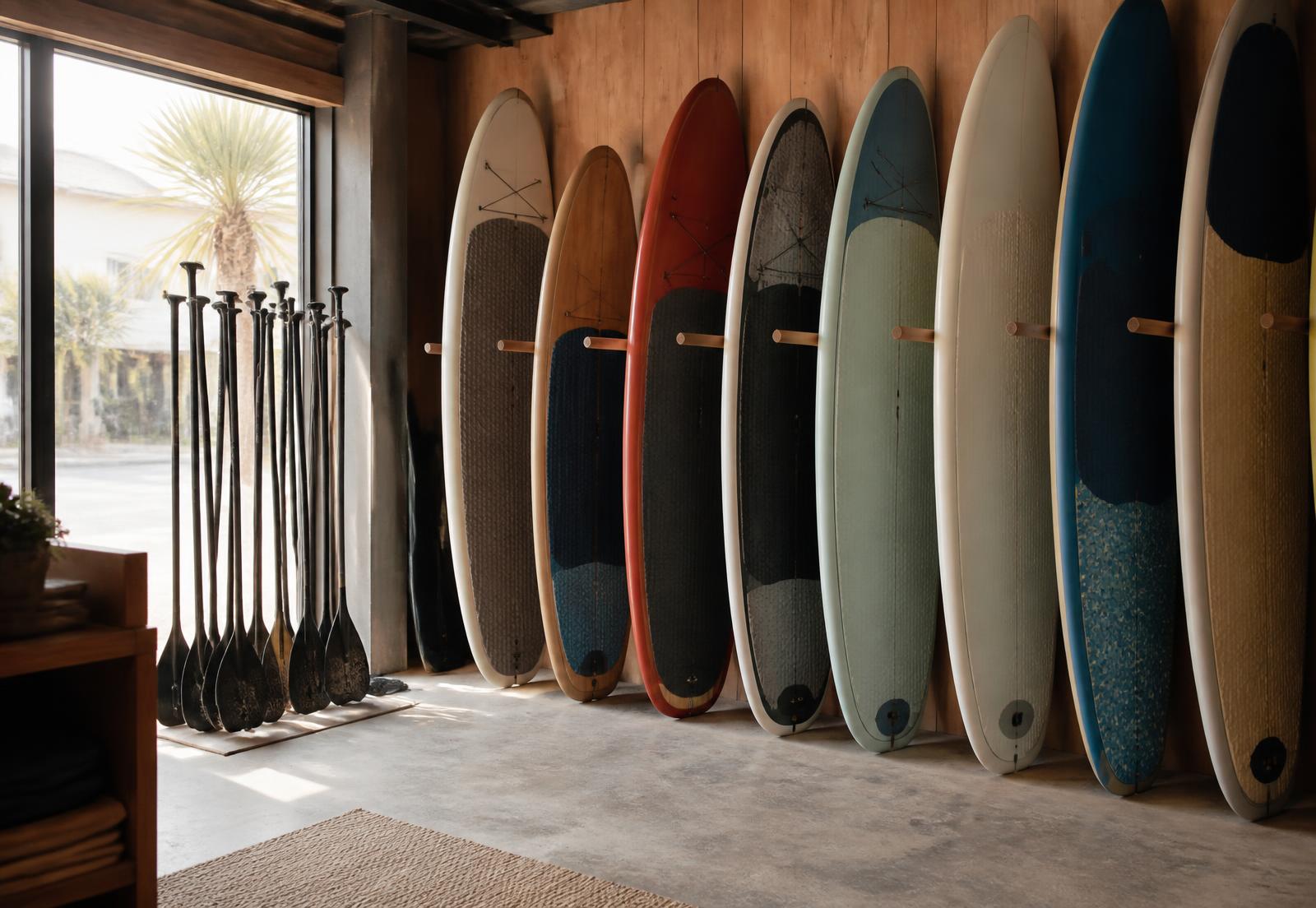 Stand up paddleboards racked along the wall inside the Paddle Planet shop